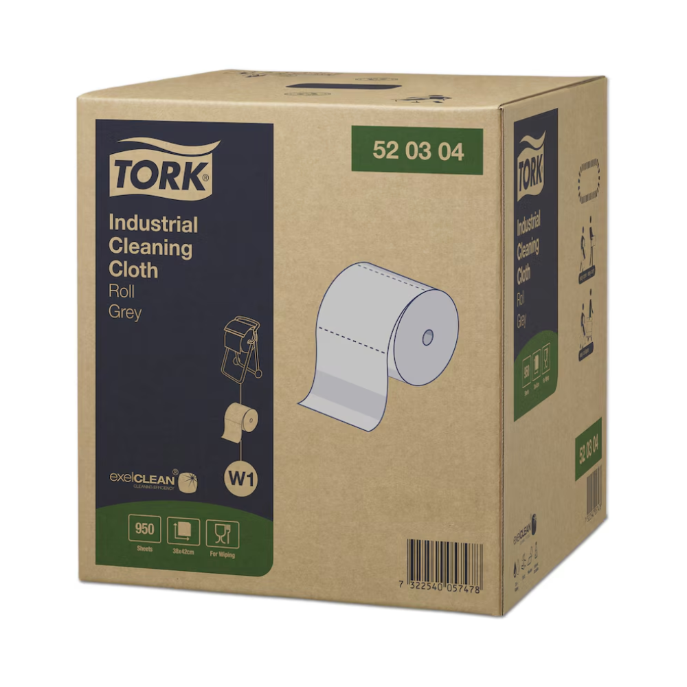 Ein großer Karton mit der Aufschrift „Tork 520304 Industrie Reinigungstücher Premium W1 1-lagig | Karton (1 Rollen)“ zeigt Bilder einer Reinigungstuchrolle und gibt an, dass er 950 graue Industrie Reinigungstücher zum Waschen von Öl und Fett enthält. Der Karton mit dem Produktcode Tork 520304 trägt verschiedene Handhabungssymbole.