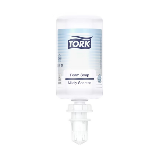 Eine durchsichtige Plastikflasche mit der Aufschrift „TORK“ enthält Tork 520501 Mild-Duftende Schaumseife Premium S4 | Karton (6 Flaschen) mit feuchtigkeitsspendenden Inhaltsstoffen. Die Flasche ist für einen Spender konzipiert und wird vor einem schlichten weißen Hintergrund fotografiert. Dermatologisch getestet, die Spenderöffnung befindet sich am Boden der Flasche.