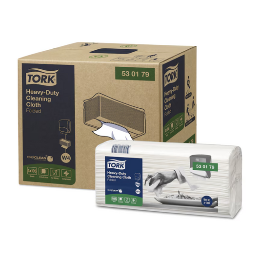 Verpackung von Tork 530179 Extra-Starke Reinigungstücher Premium W4 | Karton (4 Packungen). Eine Schachtel ist geschlossen und zeigt Produktinformationen und Bilder. Eine andere Packung ist geöffnet und zeigt gefaltete Tücher im Inneren, zusammen mit Produktbranding und visuellen Gebrauchsanweisungen. Die extra starken Reinigungstücher sind dank der exelCLEAN® Technologie ideal für den industriellen Einsatz.