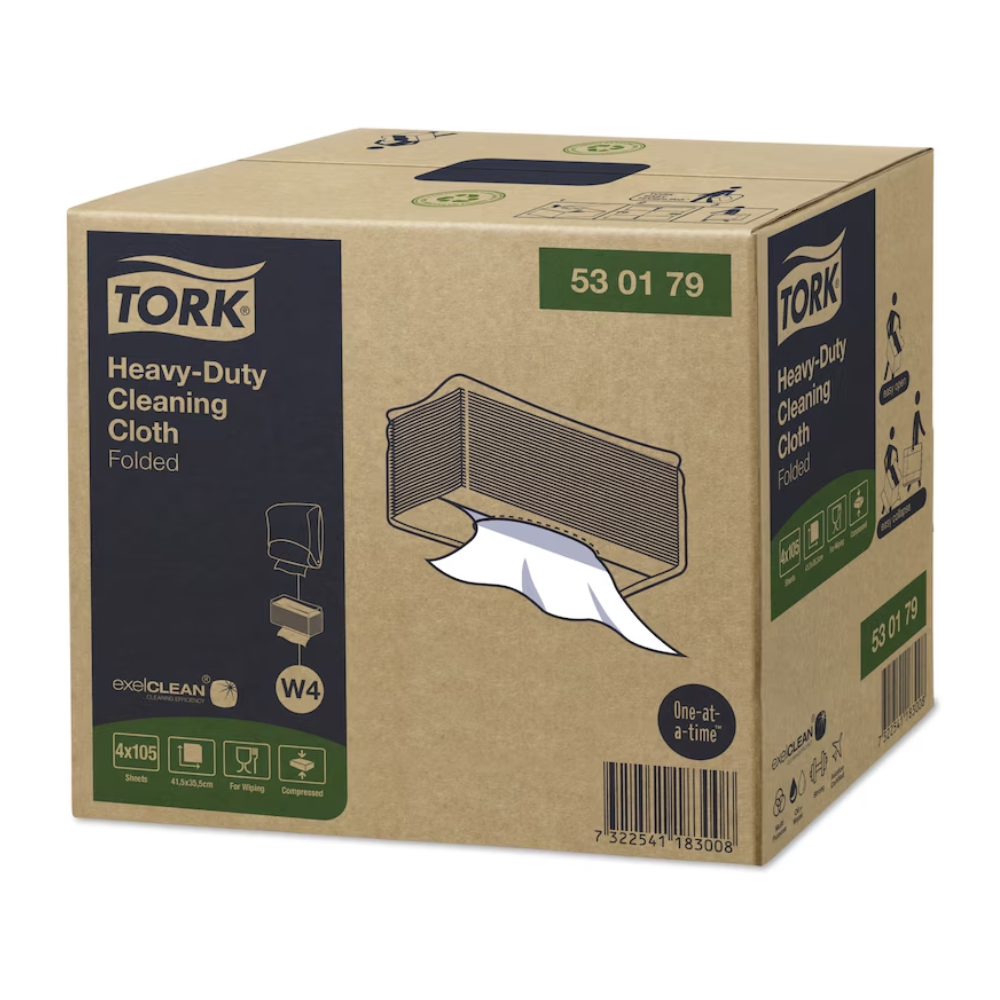 Eine braune TORK-Box mit der Aufschrift „Tork 530179 Extra-Starke Reinigungstücher Premium W4 | Karton (4 Packungen)“ zeigt eine Abbildung des ausgegebenen Tuchs und hebt verschiedene Produktfunktionen hervor, darunter „exelCLEAN® Technologie“ und „Einzeln“. Die Box ist ideal für den industriellen Einsatz und hat den Produktcode „53 01 79“.