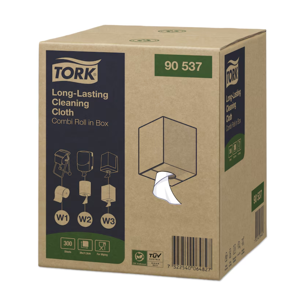 Ein Karton mit der Aufschrift „Tork 90537 Langlebige Reinigungstücher Premium W1 W2 W3 | Karton (1 Rollen)“ mit Abbildungen, die die Verwendung des Produkts zeigen. Der Karton ist braun mit grünen Akzenten und trägt deutlich die Nummer 90537, wodurch besonders fusselarme Reinigungstücher hervorgehoben werden.