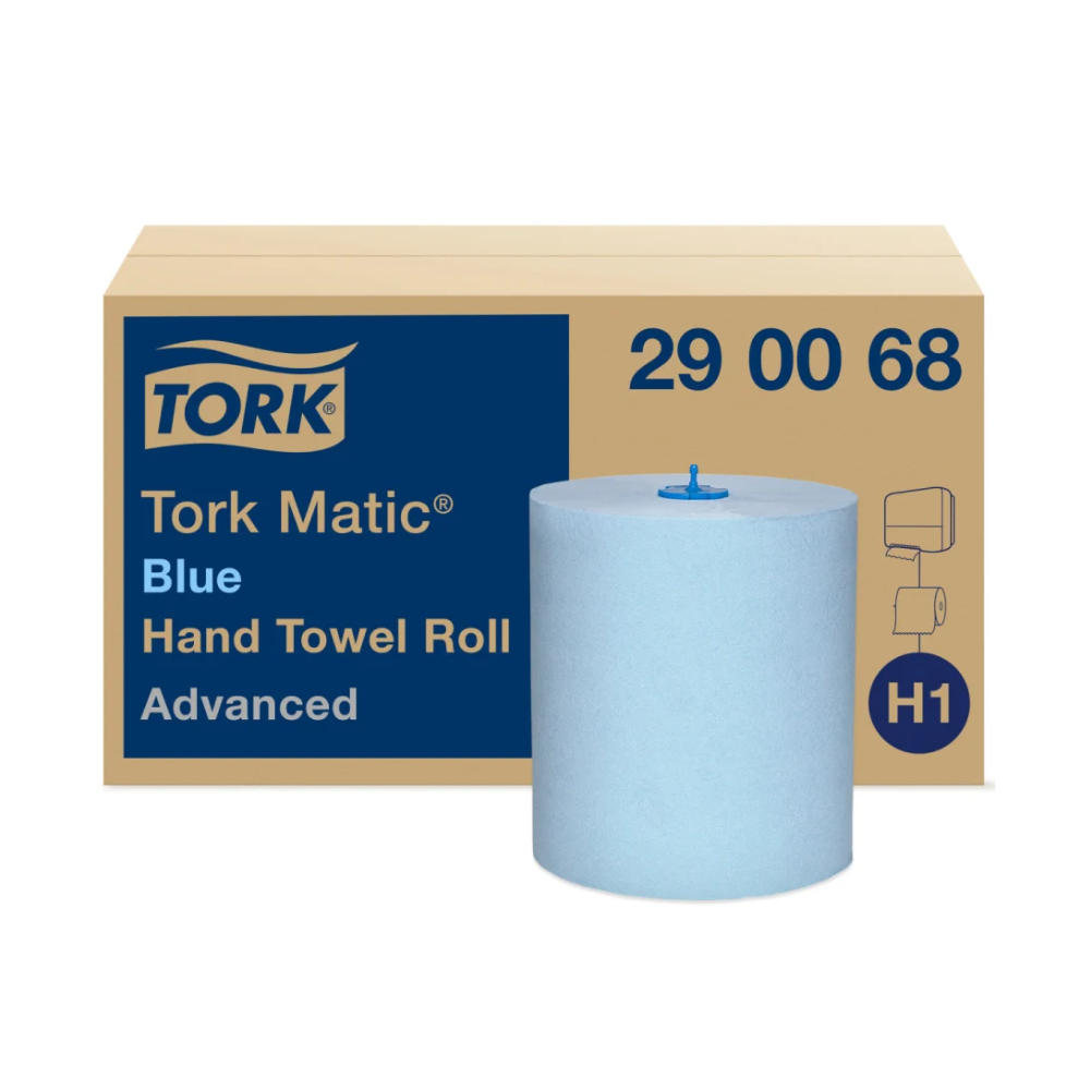 Ein Karton mit der Aufschrift „Tork Matic® Rollenhandtuch Advanced H1 2-lagig, verschiedene Farben“ und der Artikelnummer „290068“ in großen Buchstaben. Vor dem Karton befindet sich eine blaue Handtuchrolle. Auf dem Karton ist neben dem Text „H1“ auch die schematische Darstellung eines Spenders zu sehen.