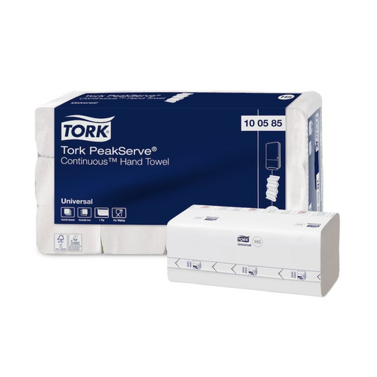 Eine Packung Tork PeakServe® 100585 Endlos™ Handtücher Universal H5 1-lagig | Karton (12 Packungen) wird angezeigt. Die Verpackung ist blau und weiß mit einem Text, der den Produktnamen und Spezifikationen für seine hohe Kapazität angibt. Auf der Vorderseite der Verpackung ist außerdem ein einzelner weißer Handtuchspender abgebildet.