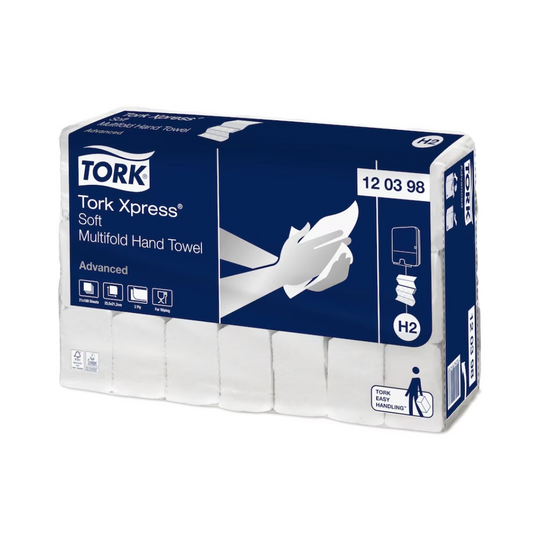 Eine Packung Tork Xpress® 120398 weiche Multifold-Handtücher Advanced H2 2-lagig 25,6cm | Karton (21 Packungen) aus 100% recycelten Fasern. Die blau-weiße Verpackung zeigt deutlich das TORK-Logo und Bilder, die zeigen, wie die Handtücher ausgegeben werden. Die Packung enthält mehrere Einheiten sowie Produktdetails und Spezifikationen.