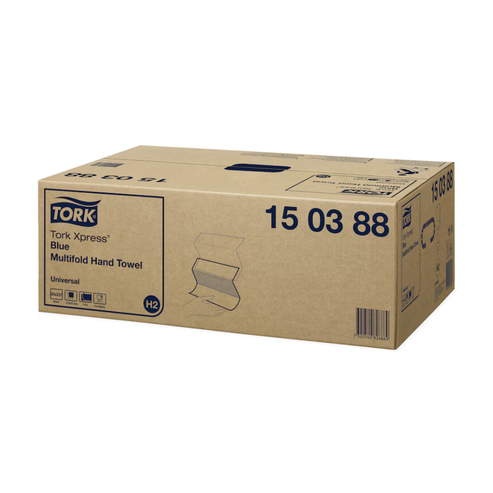 Ein Karton mit der Aufschrift „Tork Xpress® 150388 blaues Multifold-Handtuch Universal H2 2-lagig | Karton (20 Packungen)“ und der Artikelnummer 15 03 88. Der beige Karton verfügt über schwarzen Text, blaue Akzente und ein Diagramm eines blauen Handtuchs, perfekt für alle, die nach Universal H2-Hygienelösungen suchen.