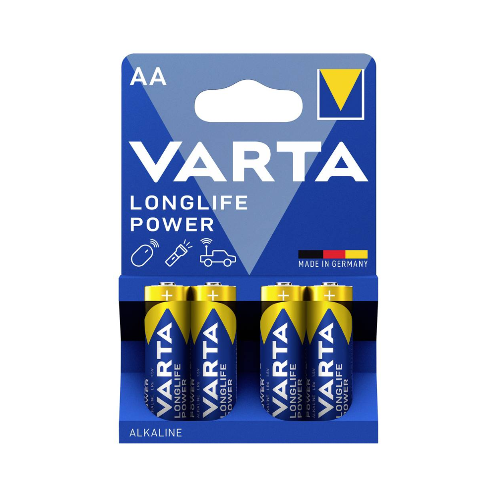 Ein Viererpack Varta Longlife Power 4906 AA Batterien LR6 in blau-gelber Verpackung. Die Packung der Varta AG trägt das Varta-Logo und signalisiert, dass diese Hochleistungsbatterien „Made in Germany“ sind. Das Design enthält außerdem Symbole für verschiedene Verwendungszwecke, darunter ein Auto und eine Uhr.