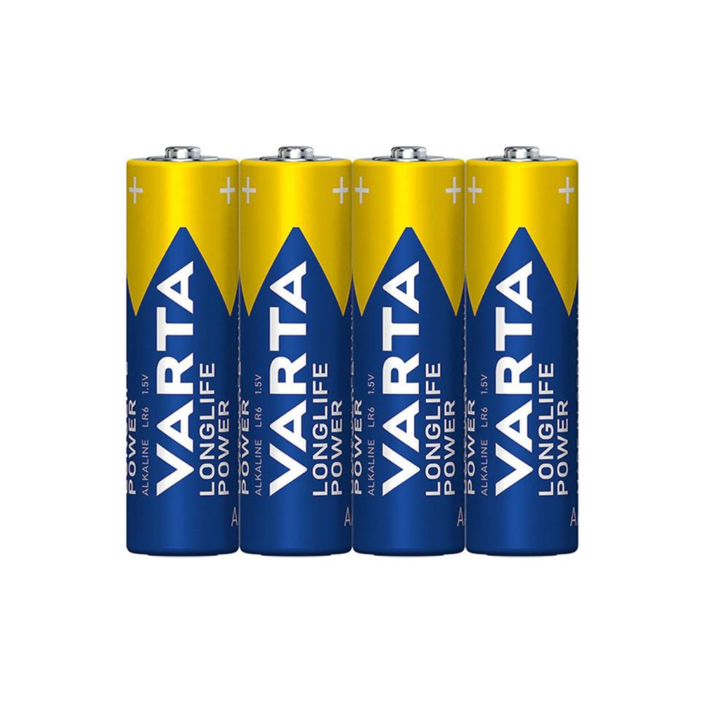 Vier Varta Longlife Power 4906 AA Batterien sind nebeneinander angeordnet. Diese Hochleistungsbatterien, im Viererset verpackt, weisen ein blau-gelbes Design auf, auf dem das Varta AG-Logo und der Text „LONGLIFE POWER“ deutlich zu sehen sind.