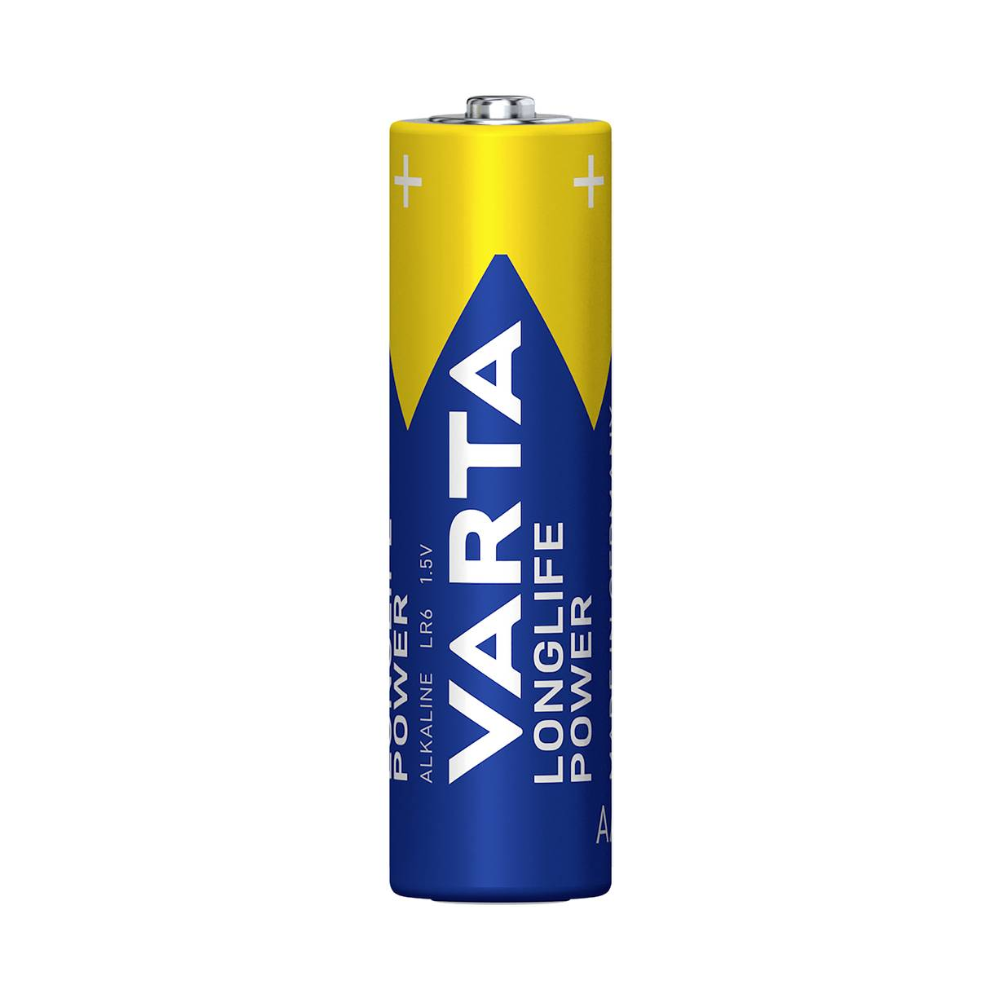 Bild einer Varta Longlife Power 4906 AA Alkaline-Batterie mit blau-gelbem Gehäuse. Die Batterie verfügt über ein „+“-Zeichen, das den Pluspol an der Oberseite anzeigt, sowie verschiedene Texte, darunter „POWER“, „ALKALINE“, „LR6“, „AA“ und „1,5 V“. Diese Hochleistungsbatterie der Varta AG sorgt für zuverlässige Leistung Ihrer Geräte.