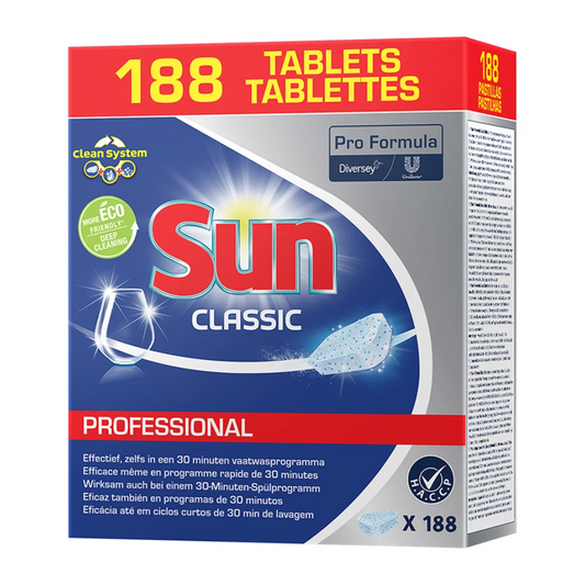 Eine Schachtel Diversey SUN Professional Classic Tabs, Reinigertabs für die Spülmaschine. Die Schachtel ist oben in großen roten Buchstaben mit „188 Tabletten“ gekennzeichnet und zeigt deutlich das Sun-Logo. Diese Sun Pro Formula Geschirrspültabletten heben ihre umweltfreundliche und effiziente Reinigungsformel hervor und sorgen für eine gründliche Reinigung Ihres Geschirrs.