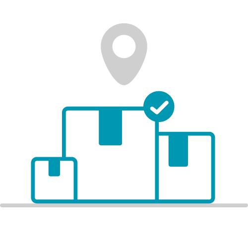 Abbildung von drei gestapelten Versandkartons unterschiedlicher Größe mit einer Standortmarkierung darüber und einem Häkchen auf dem großen Karton, das eine erfolgreiche Zustellung anzeigt. Das Design verwendet die Farben Blaugrün und Schwarz.