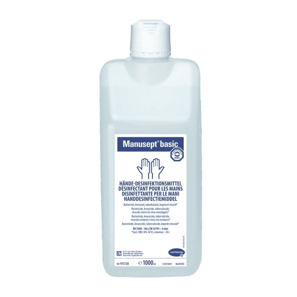 Eine 1000 ml Flasche Hartmann Manusept® basic Händedesinfektionsmittel auf Ethanolbasis, mit deutscher und französischer Beschriftung, die seine bakteriziden, fungiziden und begrenzt viruziden Eigenschaften hervorhebt. Hergestellt von Paul Hartmann AG.