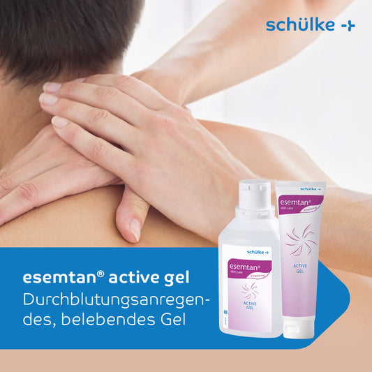 Eine Person, die ihre Hände auf den Rücken legt, findet möglicherweise Linderung von Muskelbeschwerden durch die wohltuende Anwendung von Schülke esemtan® active Gel – 500 ml Flasche (500 ml) von Schülke & Mayr GmbH oder einem anderen durchblutungsanregenden Gel.