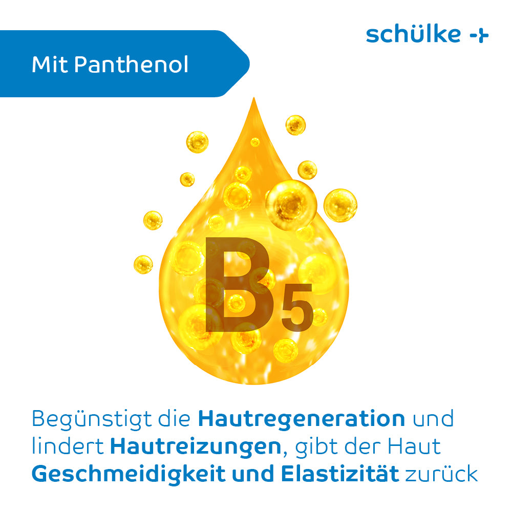 Eine Grafik mit einem großen goldenen Tropfen mit dem Text „Mit Panthenol“ oben und „Feuchtigkeitsversorgung“ darin. Im Inneren des Tropfens befindet sich der Buchstabe „B5“. Darunter steht der Text in deutscher Sprache: „Begünstigt die Hautregeneration und lindert Hautreizungen, gibt der Haut Geschmeidigkeit und Elastizität zurück. Schülke Sensiva® Regenerationscreme - 50 ml von Schülke & Mayr GmbH.“