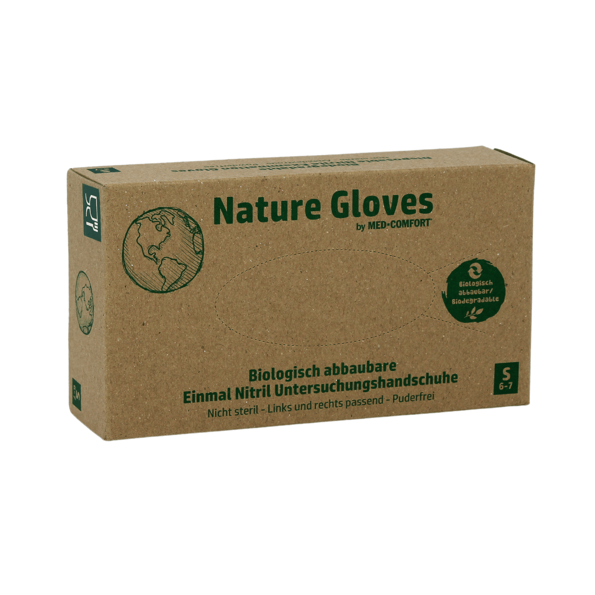 Ein Karton mit biologisch abbaubaren Nitril-Untersuchungshandschuhen von AMPri Nature Gloves, auf Deutsch mit der Aufschrift „Nitrilhandschuhe Biologisch abbaubar“ und einem Symbol, das anzeigt, dass sie biologisch abbaubar sind. Der Karton enthält puderfreie Handschuhe der Größe Small (6-7) von AMPri Handelsgesellschaft mbH.