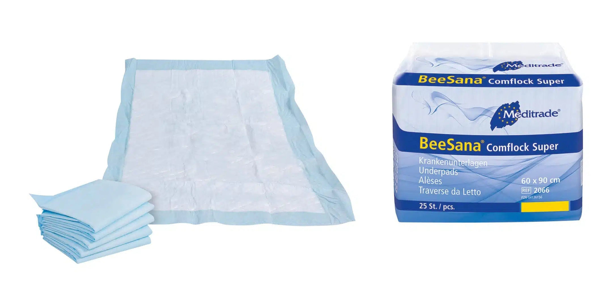 Ein Stapel blauer Einweg-Bettunterlagen Meditrade BeeSana® Comflock Super neben ihrer Verpackung, die von der Meditrade GmbH mit der Aufschrift „beesana comficlock super“ gekennzeichnet ist, was bedeutet, dass sie 60 x 90 cm groß sind.