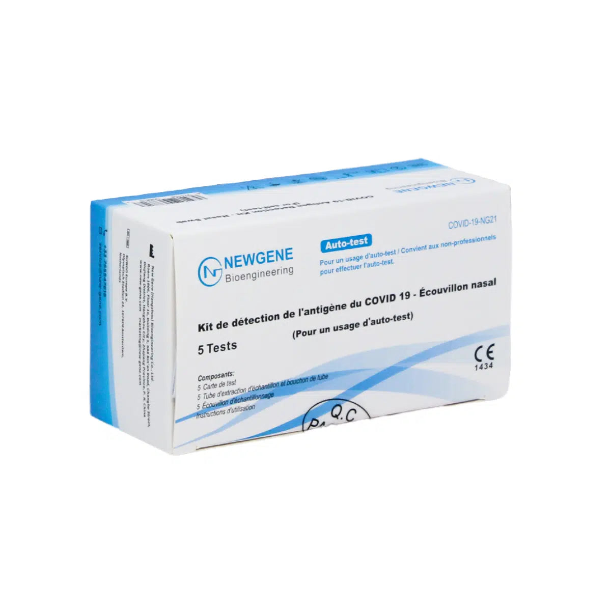 Eine Schachtel Newgene Covid-19 Antigen Schnelltest CE/1434 Antigen-Schnelltestkits, die 5 Nasenabstrichtests enthalten, beschriftet auf Französisch. Die Verpackung ist blau und weiß und enthält Zertifizierungs- und Verwendungsinformationen.